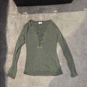 Women's Lace-Up Long Sleeve Top - Olive Green